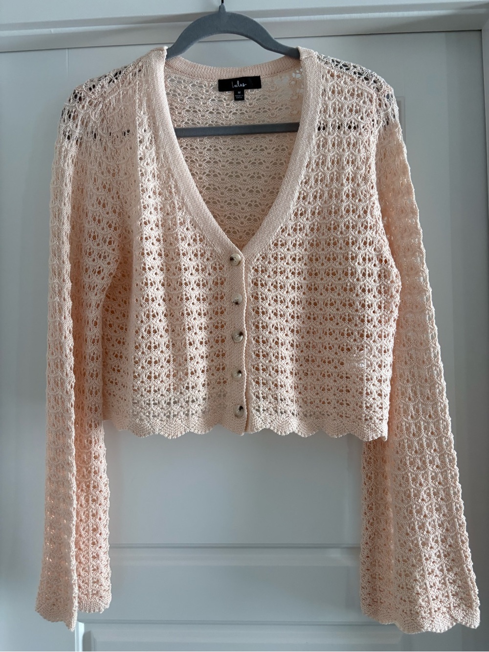 Lulu's Peach Cream Colored Crochet V-Neck Button Front Cardigan Sweater